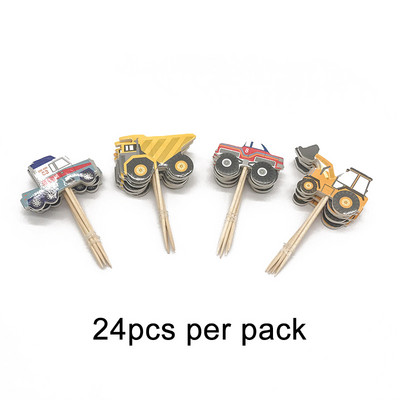 24 de bucăți pentru vehicule de construcții Cupcake Topper pentru băieți, decorațiuni pentru petrecerea de aniversare, camion de inginerie, aprovizionare pentru decorarea torturilor, pentru Baby Shower