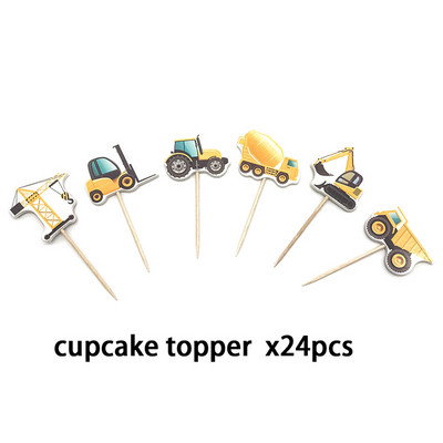 24 de bucăți pentru vehicule de construcții Cupcake Topper pentru băieți, decorațiuni pentru petrecerea de aniversare, camion de inginerie, aprovizionare pentru decorarea torturilor, pentru Baby Shower