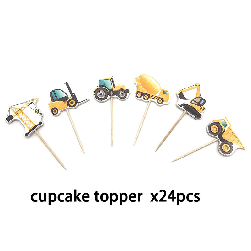 24 de bucăți pentru vehicule de construcții Cupcake Topper pentru băieți, decorațiuni pentru petrecerea de aniversare, camion de inginerie, aprovizionare pentru decorarea torturilor, pentru Baby Shower