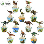 24 de bucăți ambalaje pentru cupcake cu dinozaur, pentru copii, băieți, cu tema de dinozaur, junglă, animale, petrecere de aniversare, pentru decorare pentru tort