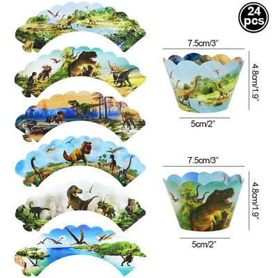 24 de bucăți ambalaje pentru cupcake cu dinozaur, pentru copii, băieți, cu tema de dinozaur, junglă, animale, petrecere de aniversare, pentru decorare pentru tort