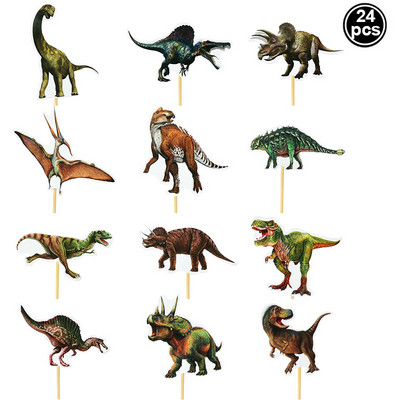 24 de bucăți ambalaje pentru cupcake cu dinozaur, pentru copii, băieți, cu tema de dinozaur, junglă, animale, petrecere de aniversare, pentru decorare pentru tort