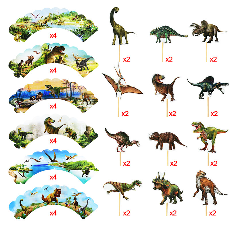 24 de bucăți ambalaje pentru cupcake cu dinozaur, pentru copii, băieți, cu tema de dinozaur, junglă, animale, petrecere de aniversare, pentru decorare pentru tort