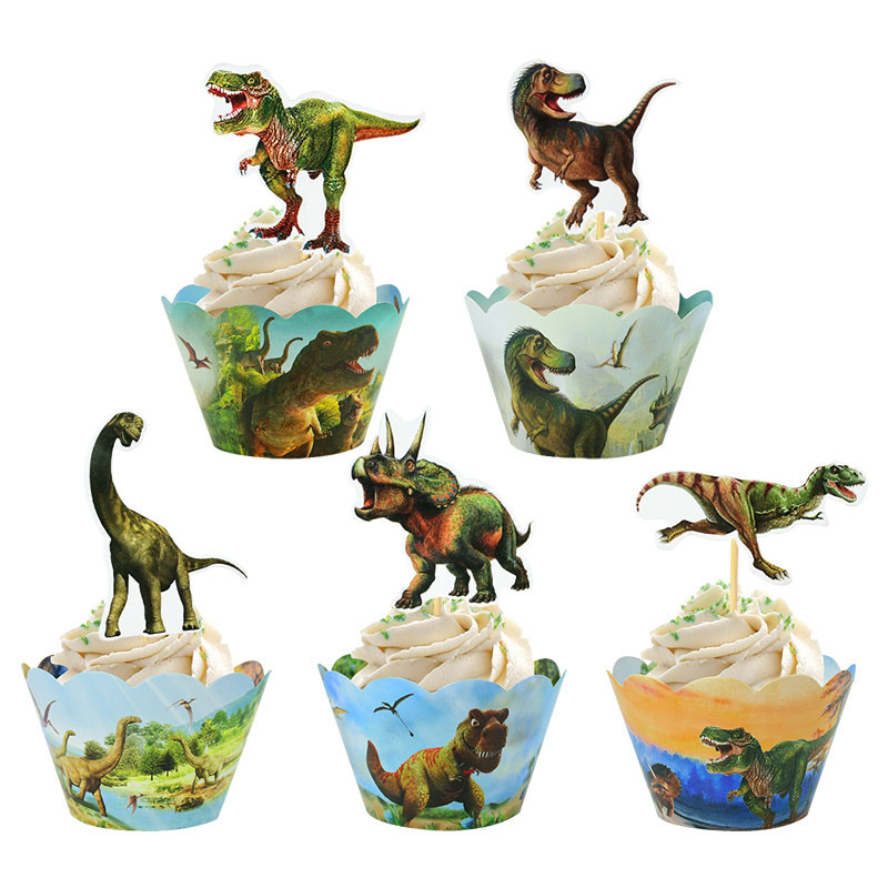 24 de bucăți ambalaje pentru cupcake cu dinozaur, pentru copii, băieți, cu tema de dinozaur, junglă, animale, petrecere de aniversare, pentru decorare pentru tort