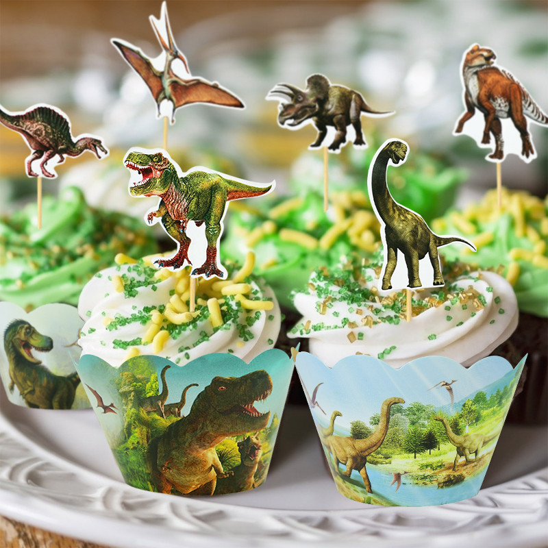 24 de bucăți ambalaje pentru cupcake cu dinozaur, pentru copii, băieți, cu tema de dinozaur, junglă, animale, petrecere de aniversare, pentru decorare pentru tort