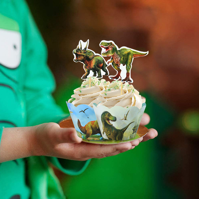 24 de bucăți ambalaje pentru cupcake cu dinozaur, pentru copii, băieți, cu tema de dinozaur, junglă, animale, petrecere de aniversare, pentru decorare pentru tort