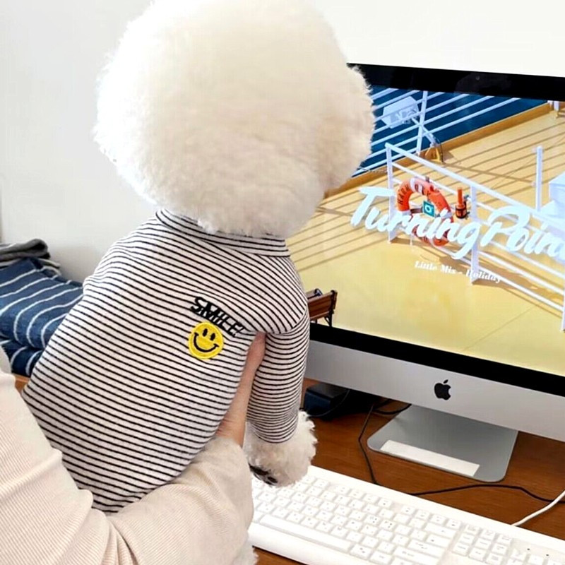 Smaidiņš Jauki mājdzīvnieku suņi Apģērbi Svītrai Kokvilnas Suņi Vestes Krekls Elpojošs Kucēns Maziem Vidējiem Suņiem Apģērbs Franču buldogs