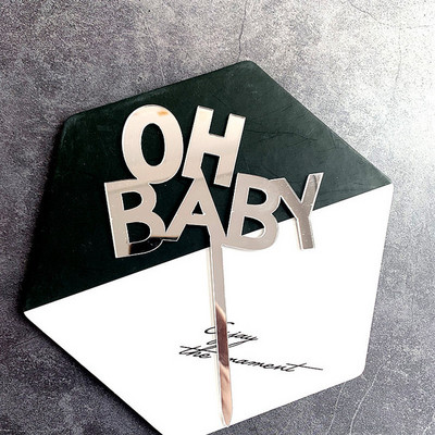 Naujas akrilinis „Oh Baby“ gimtadienio torto papuošalas Auksinis sidabrinis torto papuošalas, skirtas kūdikio gimtadienio vakarėliui.