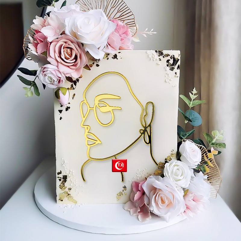 Boldog születésnapot Cake Topper Art terhes nő akril arany baba lábnyom hölgy arc esküvői torta topper party tortadíszek
