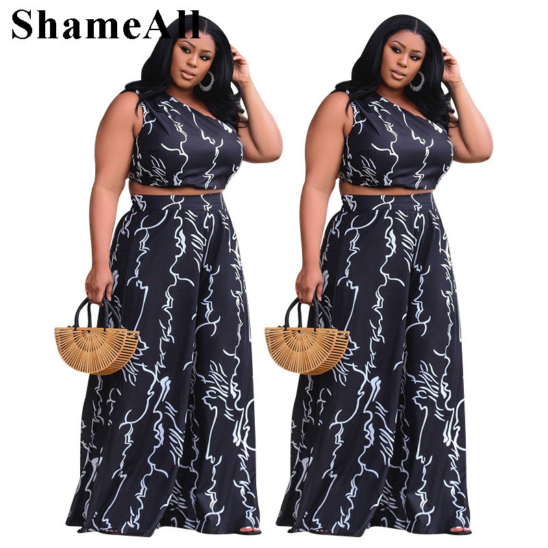 Plus Size Sexy Un Umăr 2 Două Piese Costume 4xl Summer Abstract Art Print Crop Tops Loose Picior Lat Pantaloni Lungi Pary Club Costumes