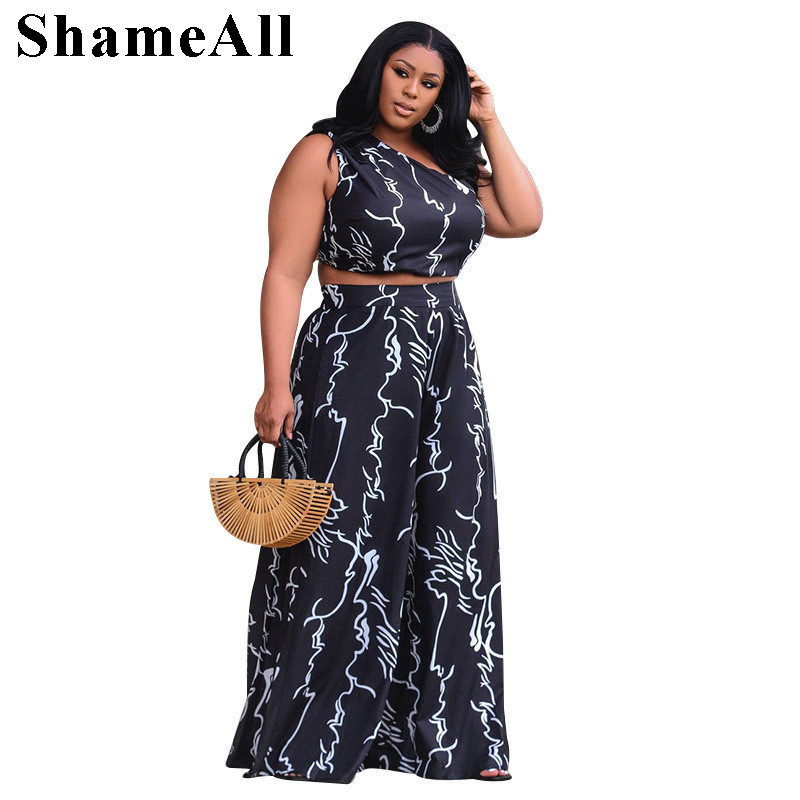 Plus Size Sexy Un Umăr 2 Două Piese Costume 4xl Summer Abstract Art Print Crop Tops Loose Picior Lat Pantaloni Lungi Pary Club Costumes