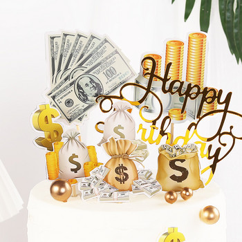 ins Dollar Happy Birthday Cake Topper Златен Акрилен Birthday CupCake Toppers For Kids Party Gift Dessert Decoration Baby Shower