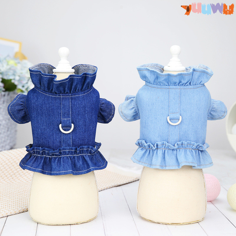 Vasaros šunų džinsinio audinio suknelių suknelė su D-žiedu šuns marškinėliai katės džinsinio liemenė šuniukas lauke pasivaikščioti su krūtine, suknelė, augintinio drabužiai, marškinėliai
