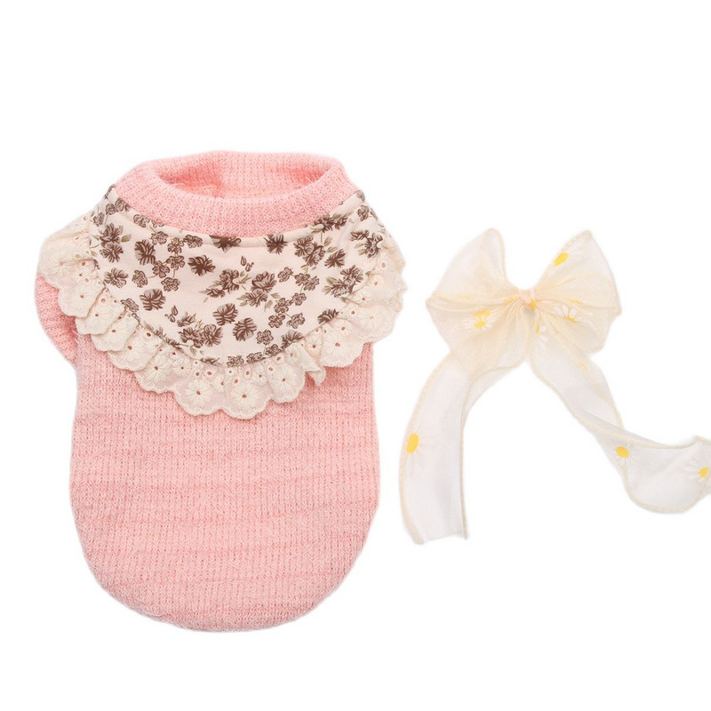 Nou câine, pisică, tricotat, pulover, cămașă cu fundul, design floral și cu fundă, pentru animale de companie, cățeluș, îmbrăcăminte de toamnă/iarnă