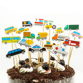 18 бр./компл. Cartoom Car Cake Topper Boy Kids Birthday Decorations Камион Линейка Такси Влак Toppers Cake Decor Christening Favor
