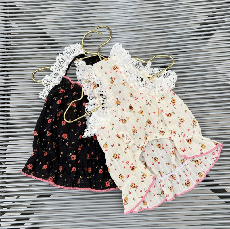 Άνοιξη Καλοκαίρι σιφόν Γαλλική φρέσκια δαντέλα Μικρά τεμαχισμένα λουλούδια Κοντό φόρεμα γάτα σκύλος δροσερό λουράκι Χαριτωμένα τεμαχισμένα λουλούδια Tank Top