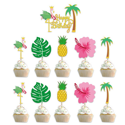 Hawaii trópusi esküvői parti flamingó ananászos aloha leveles tortafestékek nyári születésnapi buli díszítő cupcake topper