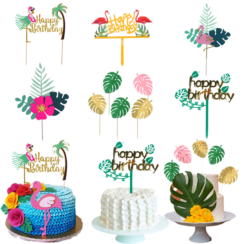 Hawaii trópusi esküvői parti flamingó ananászos aloha leveles tortafestékek nyári születésnapi buli díszítő cupcake topper