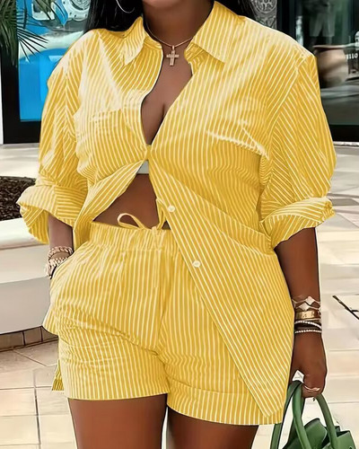 Nagy méretű őszi divatnyomtatás, kétrészes női szett Alkalmi bő, hosszú ujjú ingek Rövidnadrágok kétrészes női öltöny