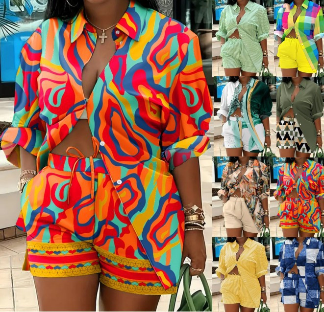 Nagy méretű őszi divatnyomtatás, kétrészes női szett Alkalmi bő, hosszú ujjú ingek Rövidnadrágok kétrészes női öltöny