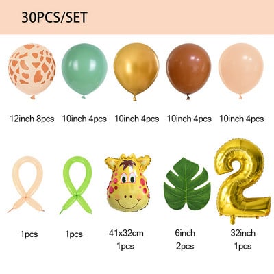 Wild One Green Latex Heliu Globos 30 buc Set de baloane cu numere de animale din junglă Safari pentru copii 1 2 3 ani Decorații pentru petrecerea de aniversare