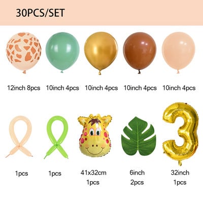 Wild One Green Latex Heliu Globos 30 buc Set de baloane cu numere de animale din junglă Safari pentru copii 1 2 3 ani Decorații pentru petrecerea de aniversare