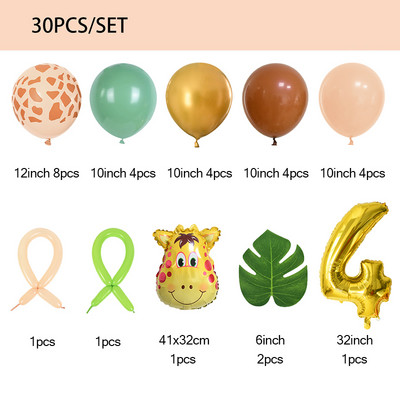 Wild One Green Latex Heliu Globos 30 buc Set de baloane cu numere de animale din junglă Safari pentru copii 1 2 3 ani Decorații pentru petrecerea de aniversare