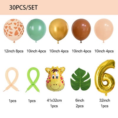 Wild One Green Latex Heliu Globos 30 buc Set de baloane cu numere de animale din junglă Safari pentru copii 1 2 3 ani Decorații pentru petrecerea de aniversare