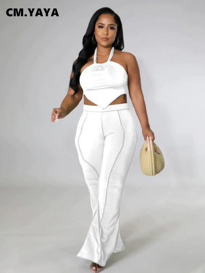CM.YAYA Active Plus Size Femei Două 2 Piese Set ținute pentru vara 2022 Pantaloni cu picioare largi și Crop Top Trening Sport Trening