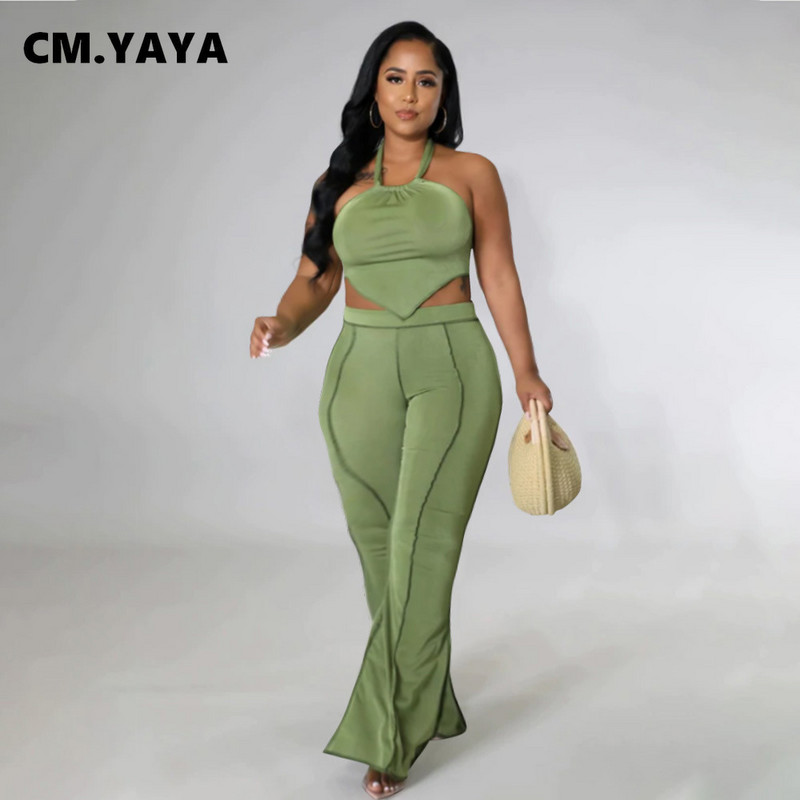 CM.YAYA Active Plus Size Femei Două 2 Piese Set ținute pentru vara 2022 Pantaloni cu picioare largi și Crop Top Trening Sport Trening