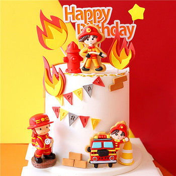 Пожарникари Кукла Мека керамика Декорация на торта за рожден ден Торта за торта Пожарна кола Парти Детско парти Едногодишно рожден ден Момче 1-ви Baby Shower