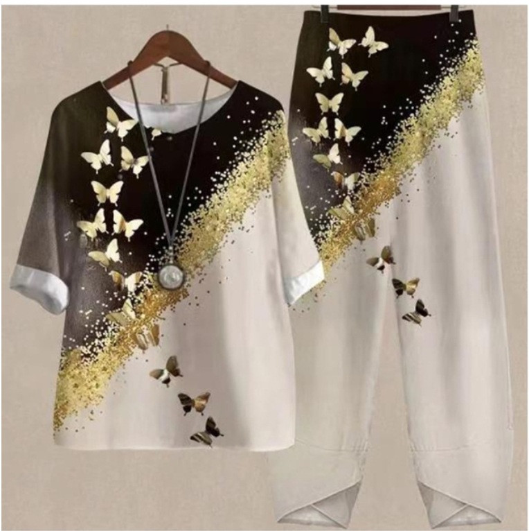 Suvine vabaaja 2-osaline komplekt Naiste avara lühikeste varrukatega särk, kõrge vöökohaga püksid, lillemustriga kostüümid, naiste elegantne vintage ülikond