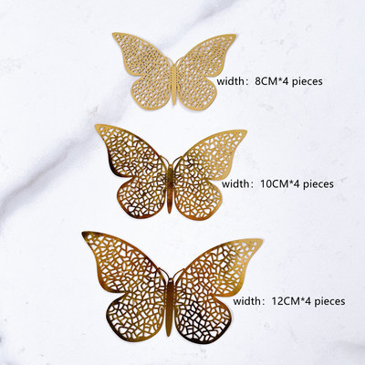 12 gab. 3D Butterfly metāla tekstūras papīra dzimšanas dienas kūkas virsma Zelta dobi cepamās kūkas virskārtas kāzu ballīšu kūku dekorēšanai