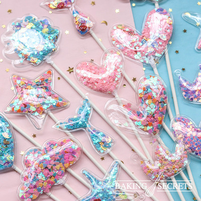 3 gab. Mermaid Sequin Cake Topper Baby Shower Cake Decoration Blue Pink Star Shell Ocean Cupcake Toppers Dzimšanas dienas kāzu ballīte