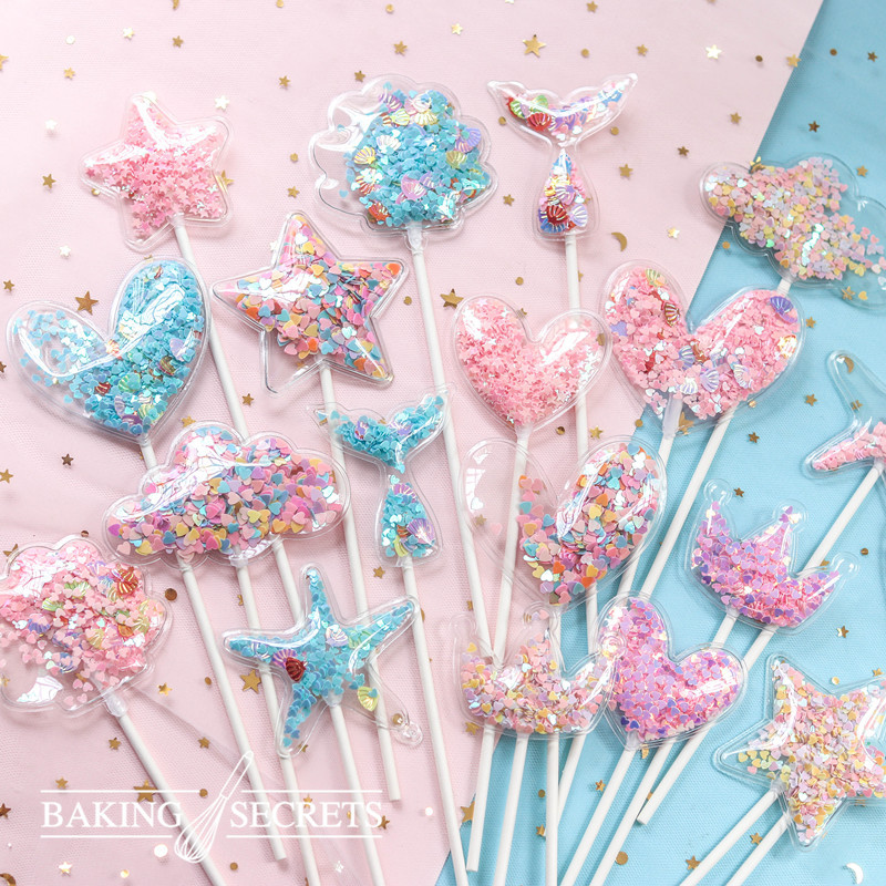 3 buc Sirenă Paiete Cake Topper Baby Shower Decor pentru Tort Albastru Roz Stea Shell Ocean Cupcake Toppers Ziua Nașterii Nunta