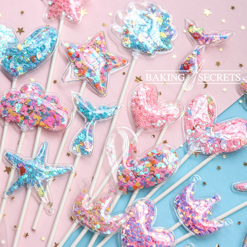 3 buc Sirenă Paiete Cake Topper Baby Shower Decor pentru Tort Albastru Roz Stea Shell Ocean Cupcake Toppers Ziua Nașterii Nunta