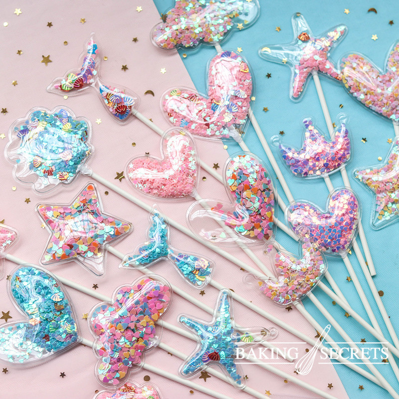 3 buc Sirenă Paiete Cake Topper Baby Shower Decor pentru Tort Albastru Roz Stea Shell Ocean Cupcake Toppers Ziua Nașterii Nunta