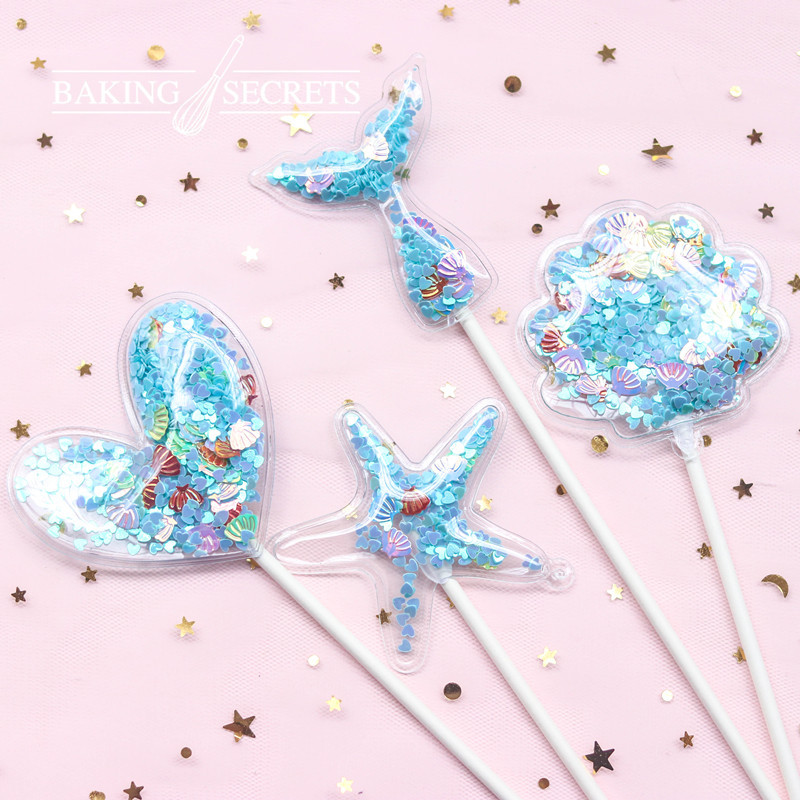 3 buc Sirenă Paiete Cake Topper Baby Shower Decor pentru Tort Albastru Roz Stea Shell Ocean Cupcake Toppers Ziua Nașterii Nunta