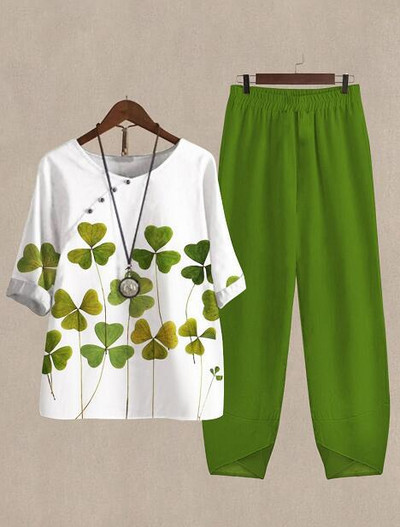 Vasariniai dviejų dalių komplektai, moteriški gėlėmis marginti marškinėliai su puse rankovių viršutinės dalies ir kelnių su aukštu juosmeniu kostiumas Laisvalaikio sportinio kostiumo moteriška apranga