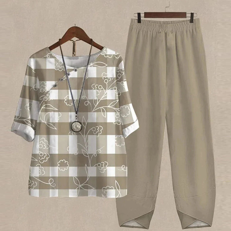 Vasariniai dviejų dalių komplektai, moteriški gėlėmis marginti marškinėliai su puse rankovių viršutinės dalies ir kelnių su aukštu juosmeniu kostiumas Laisvalaikio sportinio kostiumo moteriška apranga