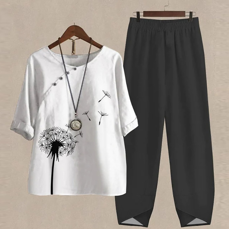 Vasariniai dviejų dalių komplektai, moteriški gėlėmis marginti marškinėliai su puse rankovių viršutinės dalies ir kelnių su aukštu juosmeniu kostiumas Laisvalaikio sportinio kostiumo moteriška apranga