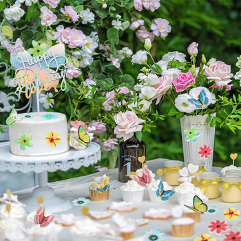 20PCS Смесени пеперудени цветя Ядливи лепкави вафли Оризова хартия Топери за торта Cupcake Декорация на торта Инструменти за сватбена торта за рожден ден