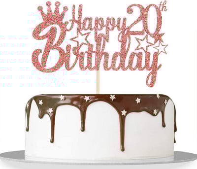 Csillogó rózsa arany Boldog 20 éves születésnapot, csillag tortafeltétek