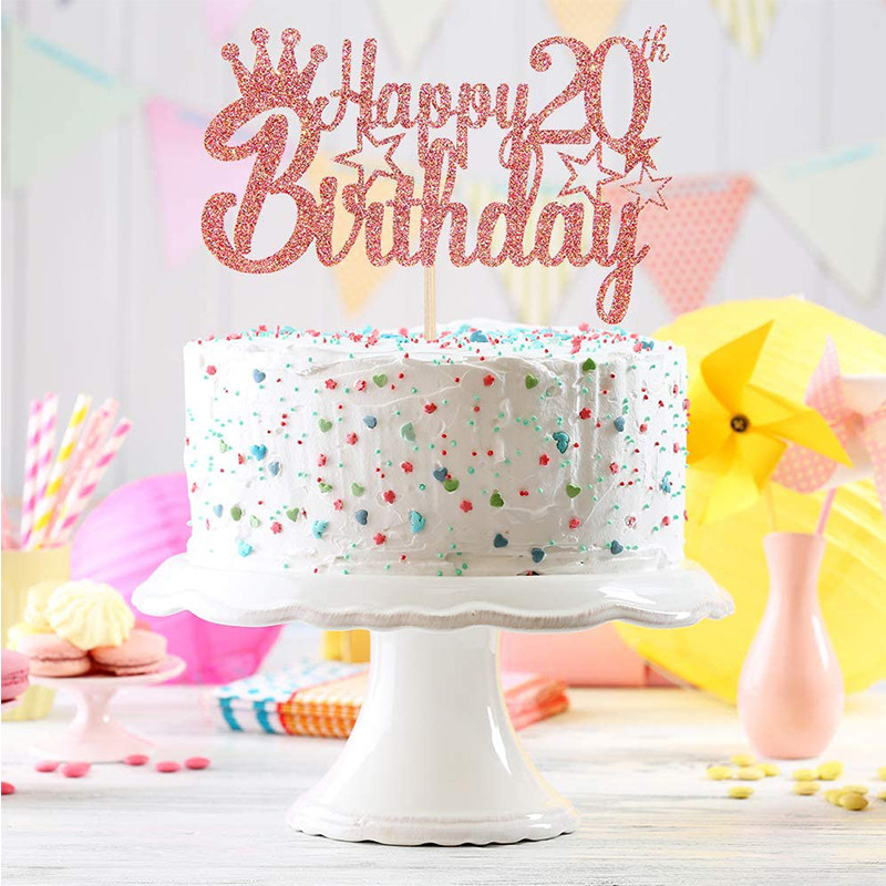Csillogó rózsa arany Boldog 20 éves születésnapot, csillag tortafeltétek