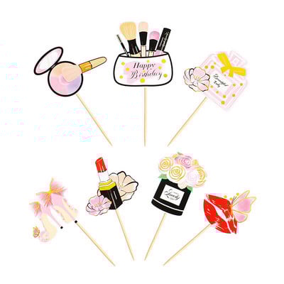 Parfüm Rúzs Sminkecset Tortafestékek Boldog születésnapot DIY Cupcake Flags Virágos tortasütési dekoráció
