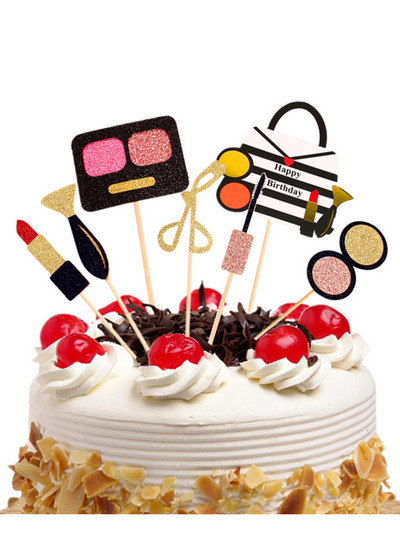 Parfüm Rúzs Sminkecset Tortafestékek Boldog születésnapot DIY Cupcake Flags Virágos tortasütési dekoráció