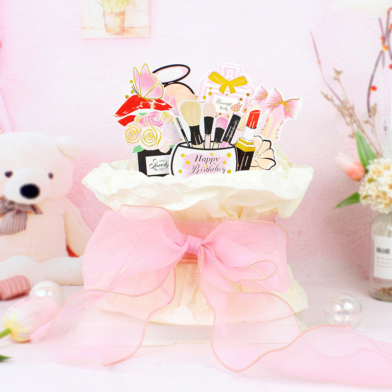 Parfüm Rúzs Sminkecset Tortafestékek Boldog születésnapot DIY Cupcake Flags Virágos tortasütési dekoráció