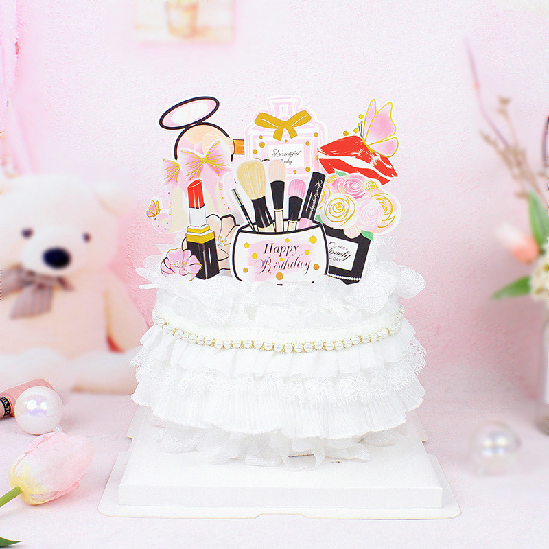 Parfüm Rúzs Sminkecset Tortafestékek Boldog születésnapot DIY Cupcake Flags Virágos tortasütési dekoráció