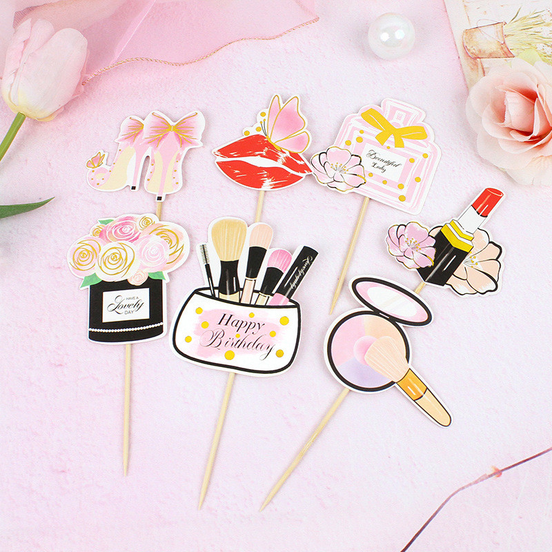 Parfüm Rúzs Sminkecset Tortafestékek Boldog születésnapot DIY Cupcake Flags Virágos tortasütési dekoráció
