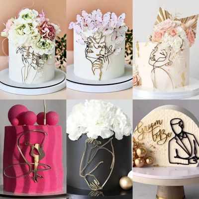 Златно акрилно минималистично изкуство Lady Face Cake Topper Момиче Честит рожден ден Декорация на торта Wedding Cake Toppers Парти консумативи